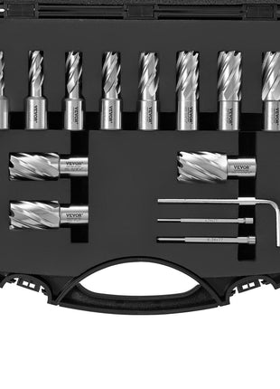 VEVOR 12-piece metal cutting end mill set in a black case, featuring silver high-speed steel bits and hex keys.