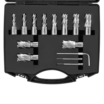 VEVOR 12-piece metal cutting end mill set in a black case, featuring silver high-speed steel bits and hex keys.