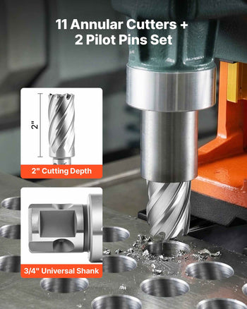 Annular Cutter Set, 13 pcs Universal Shank Mag Drill Bits Kit, 2" Cutting Depth, 7/16" to 1-1/16" Cutting Diameter, HSS, 11 Drill Bits with 2 Pilot Pins, Plastic Case, for Magnetic Drills, Steel