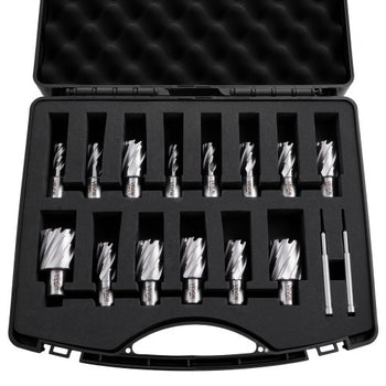 Annular Cutter Set, 16 pcs Weldon Shank Mag Drill Bits Kit, 1" Cutting Depth, 7/16" to 1-3/8" Cutting Diameter, HSS, 14 Drill Bits with 2 Pilot Pins, Plastic Case, for Magnetic Drills, Steel