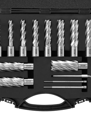 Vevor 10-piece silver spiral drill set in black carrying case, durable steel, perfect for woodworking and metalworking projects.