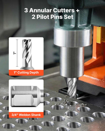 Annular Cutter Set, 5 pcs Weldon Shank Mag Drill Bits Kit, 1" Cutting Depth, 1/2" Cutting Diameter, HSS, 3 Drill Bits with 2 Pilot Pins and 3 Plastic Cases, for Magnetic Drills, Steel, Aluminum