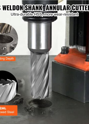 Annular Cutter Set, 6 pcs Weldon Shank Mag Drill Bits, 1/2" to 1-1/16" Cutting Diameter, 1" Cutting Depth, M2AL High-Speed Steel, with Pilot Pin and Portable Case, for Using with Magnetic Drills
