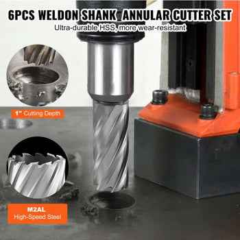 Annular Cutter Set, 6 pcs Weldon Shank Mag Drill Bits, 1/2" to 1-1/16" Cutting Diameter, 1" Cutting Depth, M2AL High-Speed Steel, with Pilot Pin and Portable Case, for Using with Magnetic Drills