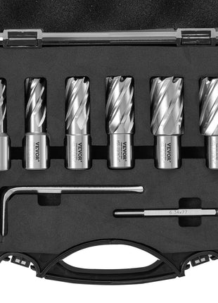 Set of 6 silver steel drill bits in a black case, designed for precision woodworking and metalworking tasks.