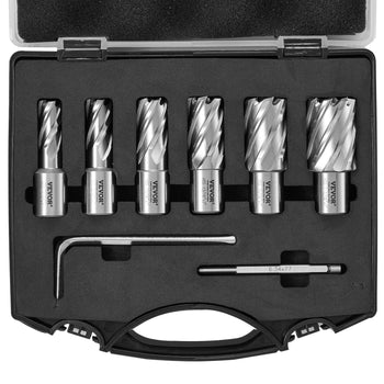Set of 6 silver steel drill bits in a black case, designed for precision woodworking and metalworking tasks.