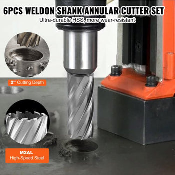 Annular Cutter Set, 6 pcs Weldon Shank Mag Drill Bits, 1" to 2" Cutting Diameter, 2" Cutting Depth, M2AL High-Speed Steel, with 2 Pilot Pins and Portable Case, for Using with Magnetic Drills