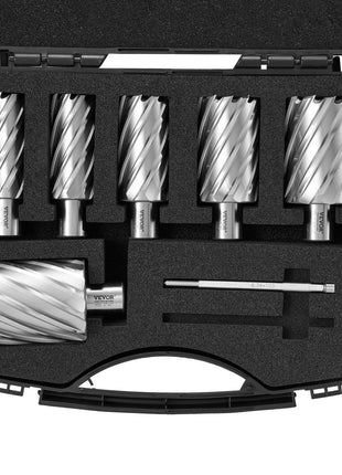 Set of six stainless steel hole saws in a black carrying case with a hex wrench and foam protection for secure storage.