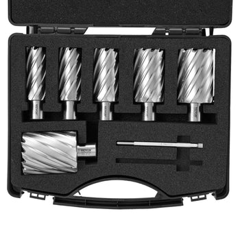 Set of six stainless steel hole saws in a black carrying case with a hex wrench and foam protection for secure storage.