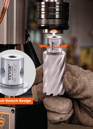 VEVOR HSS spiral drill bit with quick detach design, silver color, 1 1/8" size, ideal for metal and wood applications.