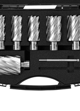 Chrome steel hole saw set in black case, featuring six versatile saws for precision cutting.