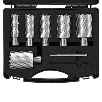 Chrome steel hole saw set in black case, featuring six versatile saws for precision cutting.