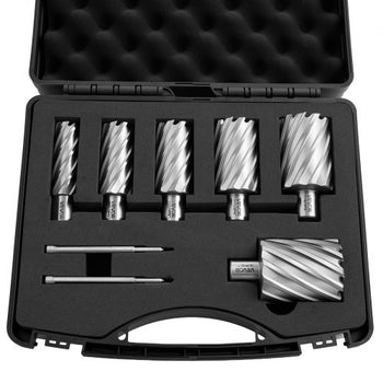 Annular Cutter Set, 8 pcs Weldon Shank Mag Drill Bits Kit, 2" Cutting Depth, 7/8" to 2" Cutting Diameter, HSS, 6 Drill Bits with 2 Pilot Pins, Plastic Case, for Magnetic Drills, Steel, Aluminum