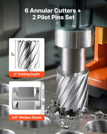 Annular Cutter Set, 8 pcs Weldon Shank Mag Drill Bits Kit, 2" Cutting Depth, 7/8" to 2" Cutting Diameter, HSS, 6 Drill Bits with 2 Pilot Pins, Plastic Case, for Magnetic Drills, Steel, Aluminum