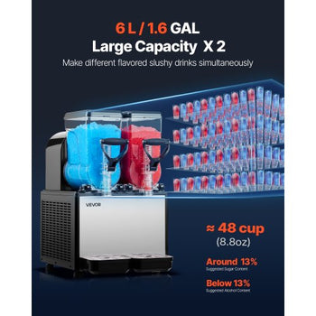 Slushie Machine, 6L/1.6Gal x 2 Tank Commercial Slushy Maker, Frozen Drink Maker with Self-Cleaning, Margarita Machine for Restaurants Bars Party for Slushie, Margaritas, Milkshake & More
