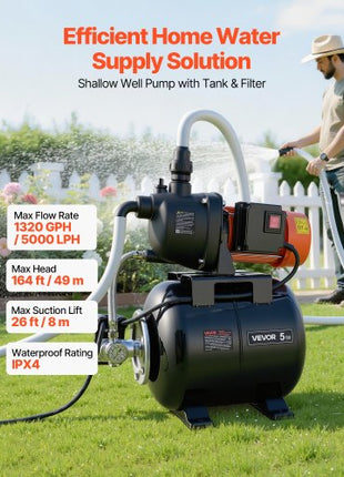 1.1 HP Shallow Well Pump with Pressure Tank, 120V 1320 GPH, Plastic Irrigation Jet Pump with 5-Gal Tank, Automatic Water Booster Transfer System, 20/40 PSI Pressure Switch, for Home Garden Lawn