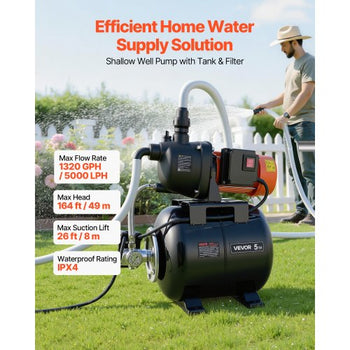 1.1 HP Shallow Well Pump with Pressure Tank, 120V 1320 GPH, Plastic Irrigation Jet Pump with 5-Gal Tank, Automatic Water Booster Transfer System, 20/40 PSI Pressure Switch, for Home Garden Lawn