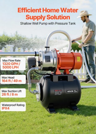 1.6 HP Shallow Well Pump with Pressure Tank, 120V 1320 GPH, Stainless Steel Irrigation Jet Pump with 5-Gal Tank, Automatic Water Booster System, 20/40 PSI Pressure Switch, for Home Garden Lawn