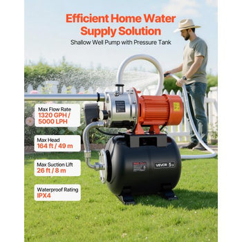 1.6 HP Shallow Well Pump with Pressure Tank, 120V 1320 GPH, Stainless Steel Irrigation Jet Pump with 5-Gal Tank, Automatic Water Booster System, 20/40 PSI Pressure Switch, for Home Garden Lawn