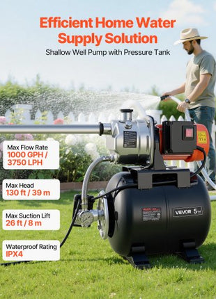 1 HP Shallow Well Pump with Pressure Tank, 120V 1000 GPH, Stainless Steel Irrigation Jet Pump with 5-Gal Tank, Automatic Water Booster System, 20/40 PSI Pressure Switch, for Home Garden Lawn