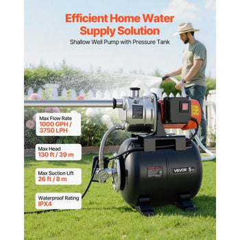 1 HP Shallow Well Pump with Pressure Tank, 120V 1000 GPH, Stainless Steel Irrigation Jet Pump with 5-Gal Tank, Automatic Water Booster System, 20/40 PSI Pressure Switch, for Home Garden Lawn