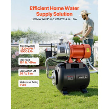 1.6 HP Shallow Well Pump with Pressure Tank, 120V 1320 GPH, Stainless Steel Irrigation Jet Pump with 5-Gal Pressure Tank, Automatic Water Booster System, for Home Garden Lawn, Potable Water