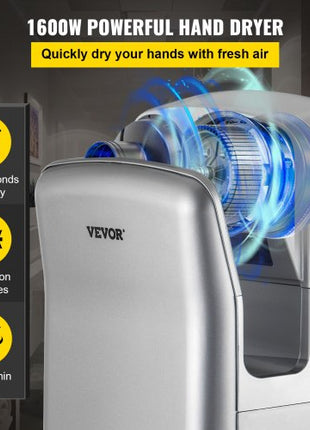 Jet Hand Dryer, Premium Electric Commercial Blade Hand Dryer, ABS Air Dryer Hand with HEPA Filtration Wall Mount Hand Dryer, 1600W 110V Vertical Hand Dryer, High-Speed Automatic Infrared Silver