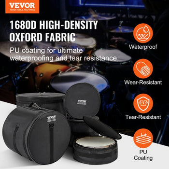 5-Piece Drum Bag Kit, Durable 1680D Oxford Material, Cushioned Cases with 1.5m Removable Shoulder Strap and Carry Handles, Collapsible, Fits 22'' Bass, 12''/13''/16'' Toms, 14'' Snare