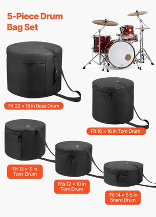 5-Piece Drum Case Set, 600D, Padded Drum Bags for 22 in Bass, 12/13/16 in Tom, 14 in Snare, Thick Padding, Lightweight Protective Covers Travel Storage Cases, for Drums Accessories Protection