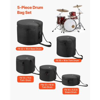 5-Piece Drum Case Set, 600D, Padded Drum Bags for 22 in Bass, 12/13/16 in Tom, 14 in Snare, Thick Padding, Lightweight Protective Covers Travel Storage Cases, for Drums Accessories Protection