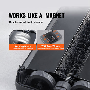 Black robotic vacuum with rotating brush and four wheels, perfect for efficient dust and debris removal.