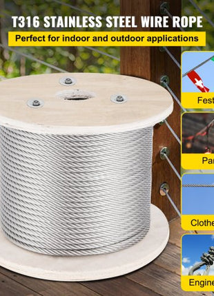 316 Stainless Steel Cable, 500FT Stainless Steel Wire Rope of 5/32 Inch Diameter and 1x19 Construction, 3300 LBS Breaking Strength Steel Cable for Outdoor Railing Decking DIY Balustrade