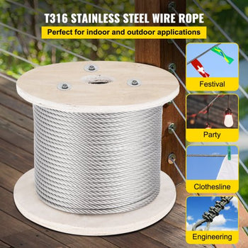 316 Stainless Steel Cable, 500FT Stainless Steel Wire Rope of 5/32 Inch Diameter and 1x19 Construction, 3300 LBS Breaking Strength Steel Cable for Outdoor Railing Decking DIY Balustrade