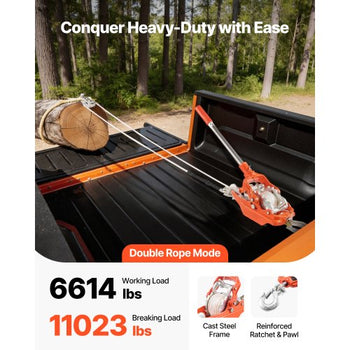 Rope Puller, 6614 lbs Pulling Capacity, Heavy Duty Ratchet Power Puller Tool with 35 ft of 0.3 in Diameter Rope & 2 Hooks, Come Along Winch for Tree Felling, Moving Boats, Road Recovery