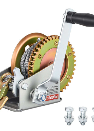 Boat Winch, 1600 lbs Hand Winch, Heavy Duty Manual Rope Crank with 32.8ft Steel Wire, Portable Two-Way Ratchet, Anti-Slip Handle, Easy Installation Gear for Boat Trailer ATV Towing