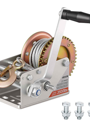 Boat Winch, 3500 lbs Hand Winch, Heavy Duty Manual Rope Crank with 32.8ft Steel Wire, Portable Two-Way Ratchet, 2 Speed Switchable, Anti-Slip Handle Gear for Boat Trailer ATV Towing