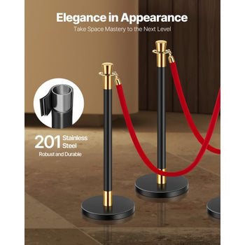 Stanchions and Velvet Ropes, 6 Pcs Crowd Control Barriers with 4 Red Velvet Ropes, Stainless Steel Stanchion Post Queue with Sand Injection Hollow Base for Theater, Wedding, Party Supplies