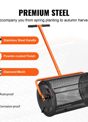 Premium black garden roller with orange handle, stainless steel, powder-coated finish, and diamond mesh design. Rust-proof.