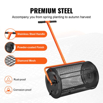 Premium black garden roller with orange handle, stainless steel, powder-coated finish, and diamond mesh design. Rust-proof.