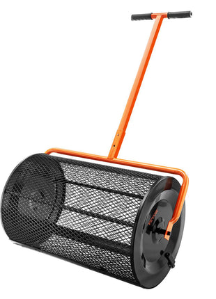 Heavy-duty black and orange lawn roller with a mesh design, perfect for leveling soil and compacting grass.