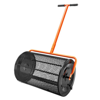 Heavy-duty black and orange lawn roller with a mesh design, perfect for leveling soil and compacting grass.