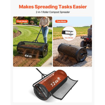 Compost Spreader, 44" Wide Peat Moss Spreader with Push/Tow Handle, 4 Heights Adjustable, Powder-Coated Steel Garden Peat Moss Roller, Heavy Duty Grass Seed Roller for Planting Seeding, Black