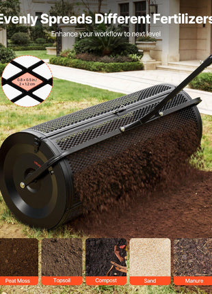 Compost Spreader, 44" Wide Peat Moss Spreader with Push/Tow Handle, 4 Heights Adjustable, Powder-Coated Steel Garden Peat Moss Roller, Heavy Duty Grass Seed Roller for Planting Seeding, Black