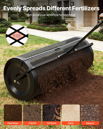 Compost Spreader, 44" Wide Peat Moss Spreader with Push/Tow Handle, 4 Heights Adjustable, Powder-Coated Steel Garden Peat Moss Roller, Heavy Duty Grass Seed Roller for Planting Seeding, Black