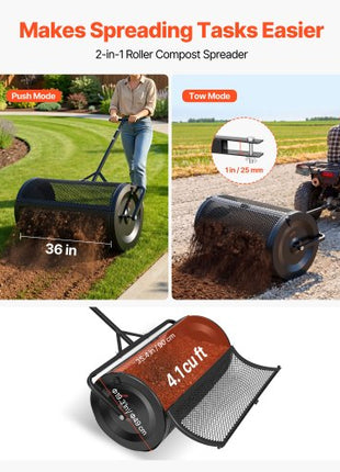 Compost Spreader, 36" Wide Peat Moss Spreader with Push/Tow Handle, 4 Heights Adjustable, Powder-Coated Steel Garden Peat Moss Roller, Heavy Duty Grass Seed Roller for Planting Seeding, Black