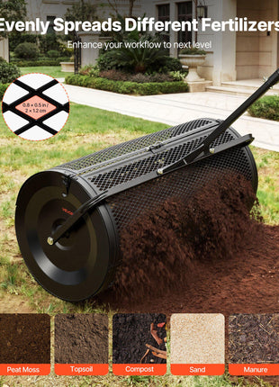 Compost Spreader, 36" Wide Peat Moss Spreader with Push/Tow Handle, 4 Heights Adjustable, Powder-Coated Steel Garden Peat Moss Roller, Heavy Duty Grass Seed Roller for Planting Seeding, Black