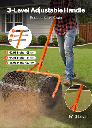 Compost Spreader, 24 in Wide Peat Moss Spreader with T Shaped Handle, 3 Heights Adjustable, Powder-Coated Steel Garden Peat Moss Roller, Heavy Duty Grass Seed Spreaders for Planting Seeding