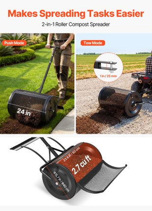 Compost Spreader, 24" Wide Peat Moss Spreader with Push/Tow Handle & Brush, 4 Heights Adjustable, Powder-Coated Steel Garden Peat Moss Roller, Heavy Duty Grass Seed Roller for Planting Seeding