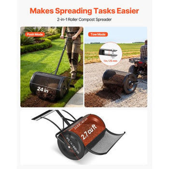 Compost Spreader, 24" Wide Peat Moss Spreader with Push/Tow Handle & Brush, 4 Heights Adjustable, Powder-Coated Steel Garden Peat Moss Roller, Heavy Duty Grass Seed Roller for Planting Seeding