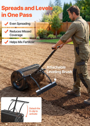 Compost Spreader, 24" Wide Peat Moss Spreader with Push/Tow Handle & Brush, 4 Heights Adjustable, Powder-Coated Steel Garden Peat Moss Roller, Heavy Duty Grass Seed Roller for Planting Seeding